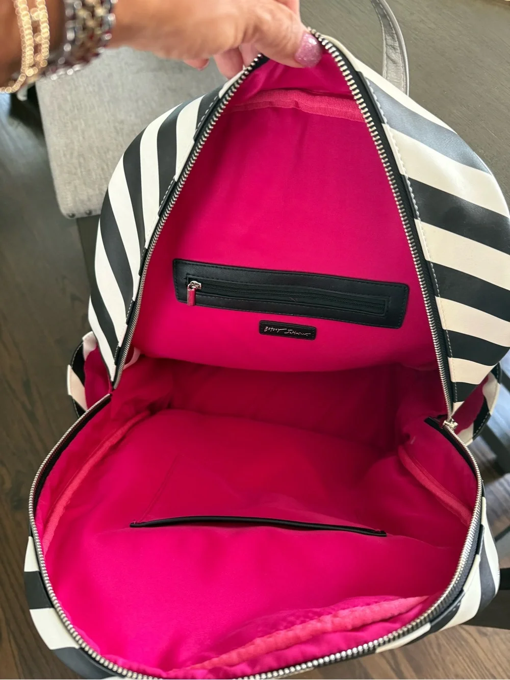 Betsey Johnson Backpack with leopard straps- Black and White